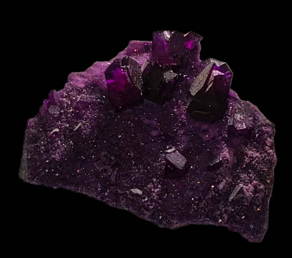 Fluorite crystal specimen with deep purple cubic crystals on matrix, ideal for mineral collectors