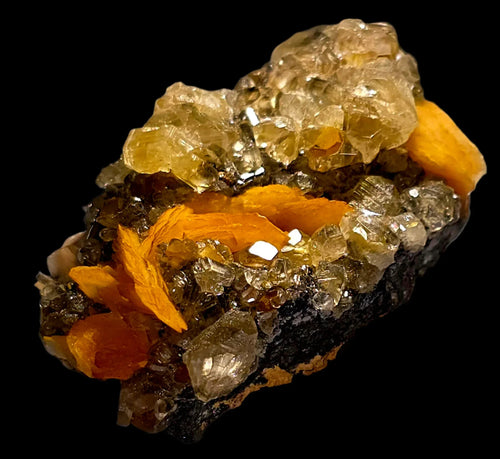 Wulfenite with Calcite from Mexico, vibrant orange crystals on dark matrix, mineral specimen for collectors