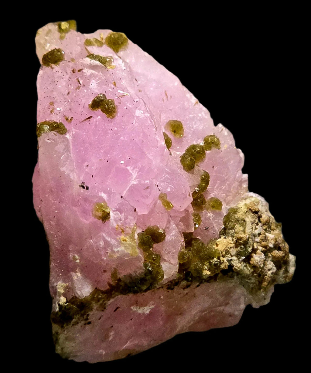 Pink tourmaline with green epidote crystals, mineral specimen from classic locality