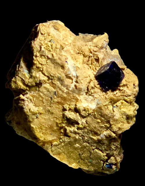 Cubanite crystal on matrix, rare mineral specimen with deep blue cube on golden host rock