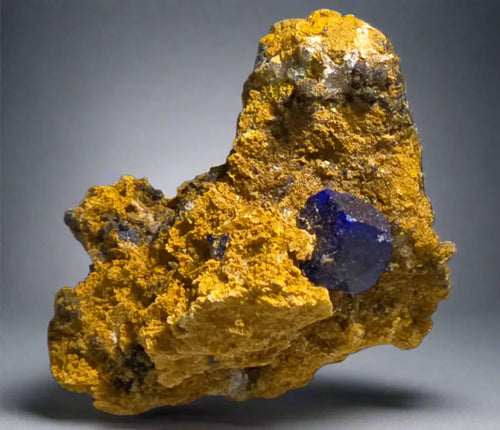 Vivid blue azurite crystal on yellow matrix, classic mineral specimen for collectors