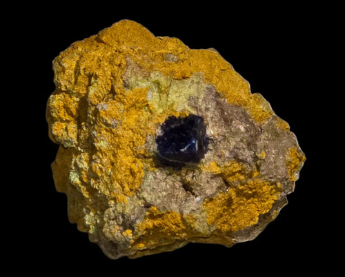 Azurite on yellow matrix mineral specimen, classic locality collectible for enthusiasts