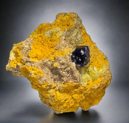 Vibrant yellow sulfur with deep blue azurite crystal, classic mineral specimen
