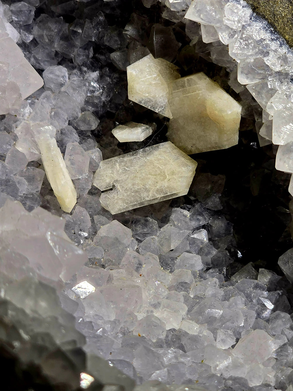 Fluorite crystals with cubic and octahedral forms, translucent yellow and clear, embedded in matrix