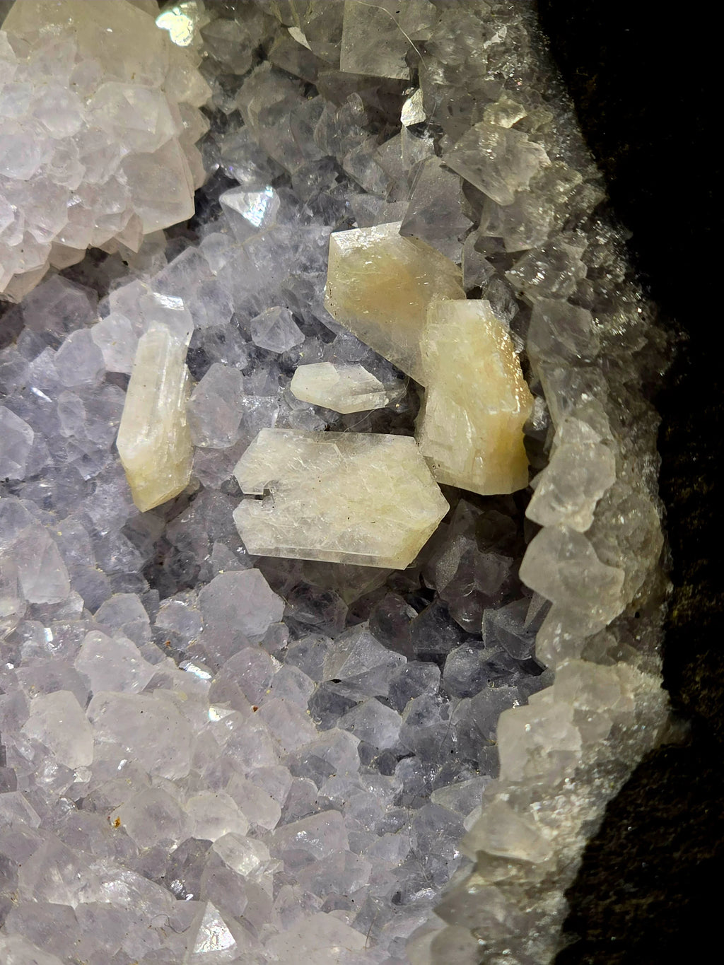 Clear quartz crystals with yellow calcite, mineral specimen from classic locality