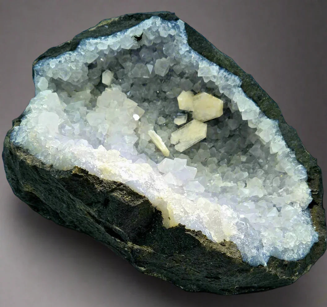 Celestine crystal geode with white and blue crystals, from Madagascar