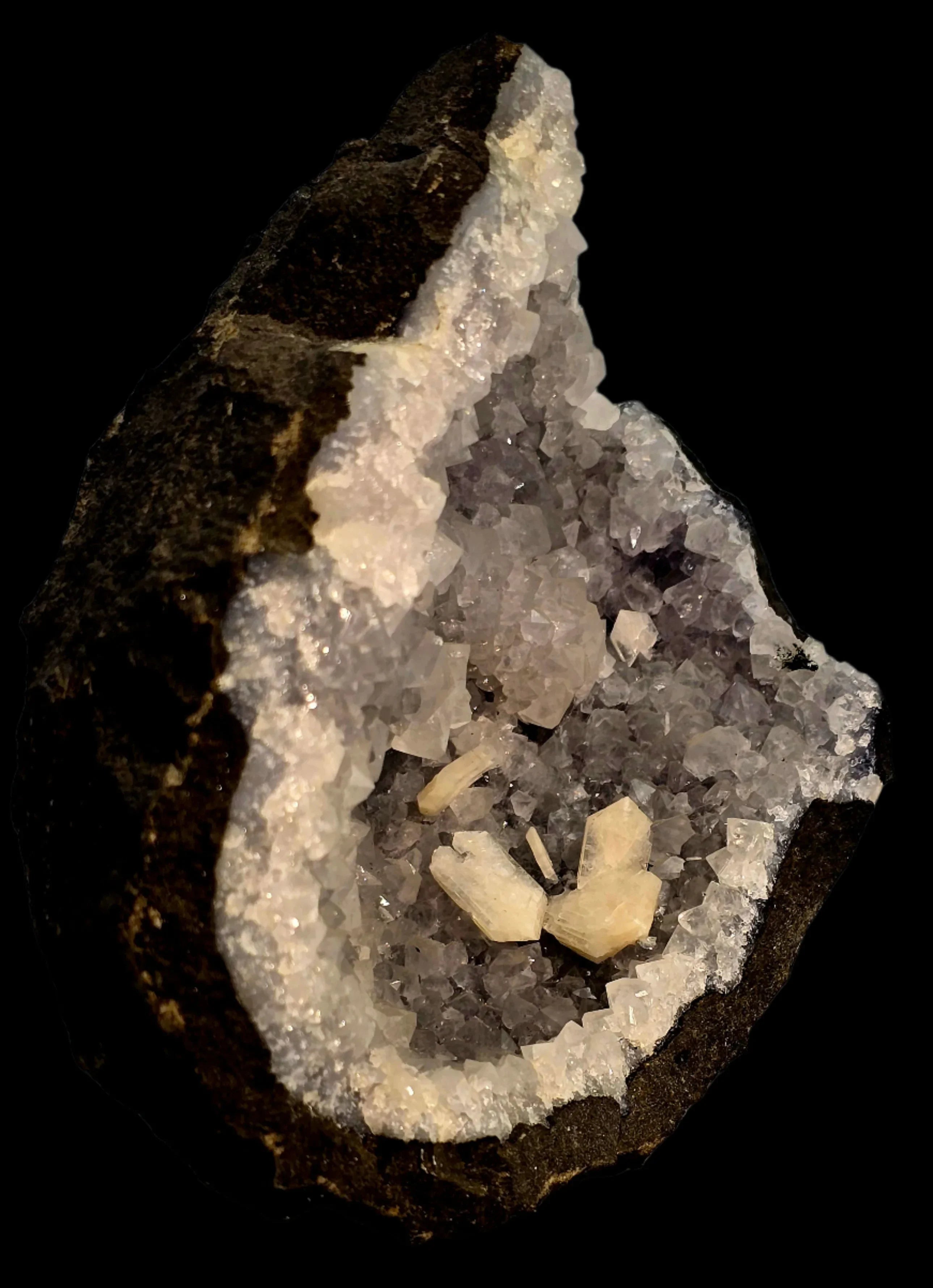Celestine with Quartz, Morocco - mineral specimen featuring white celestine crystals on dark matrix