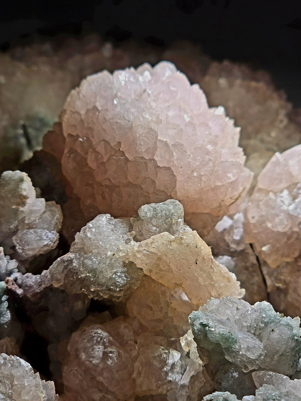 Pink calcite crystal cluster with clear quartz, mineral specimen for collectors