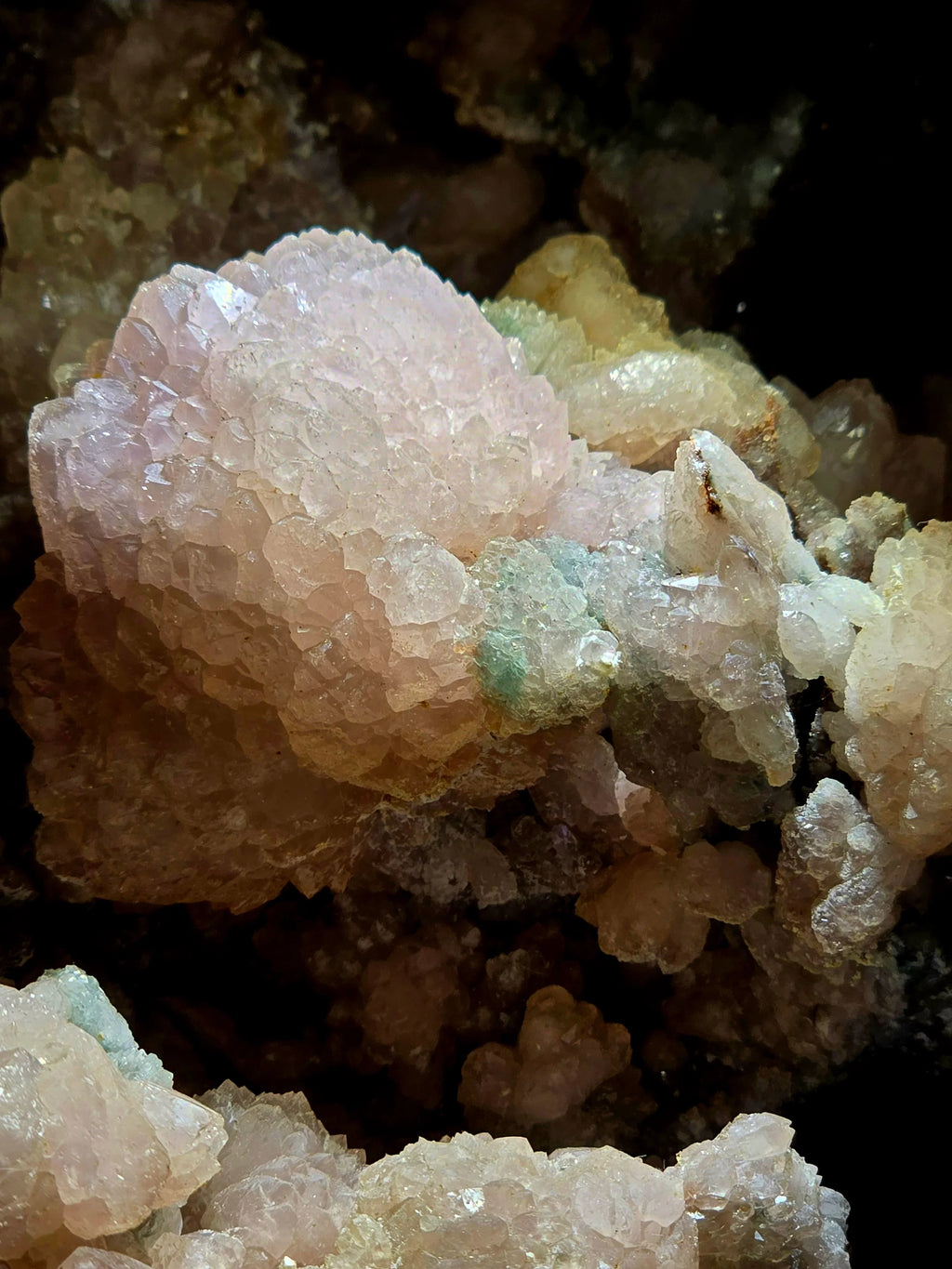 Pink and green crystal cluster with sparkling mineral formations, ideal for collectors and enthusiasts.