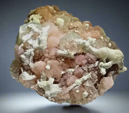 Heulandite on Stilbite from India, pink and white mineral specimen with feathery crystals