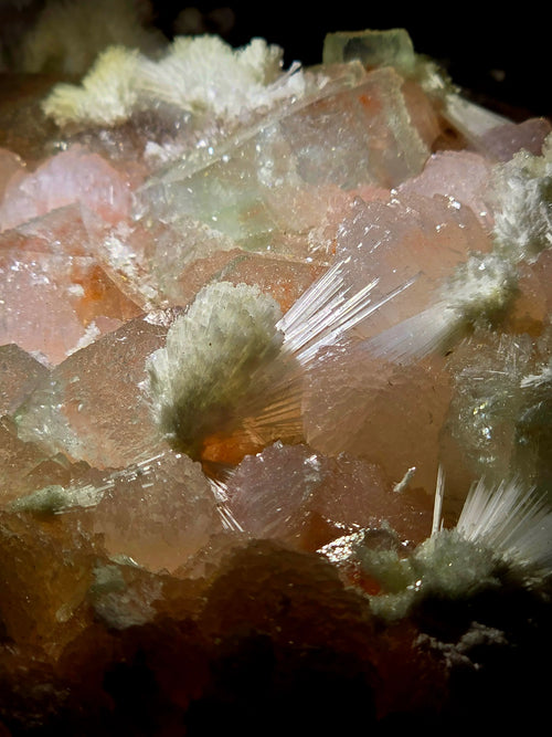 Calcite with Heulandite, classic mineral specimen featuring pink crystals and white radiating formations
