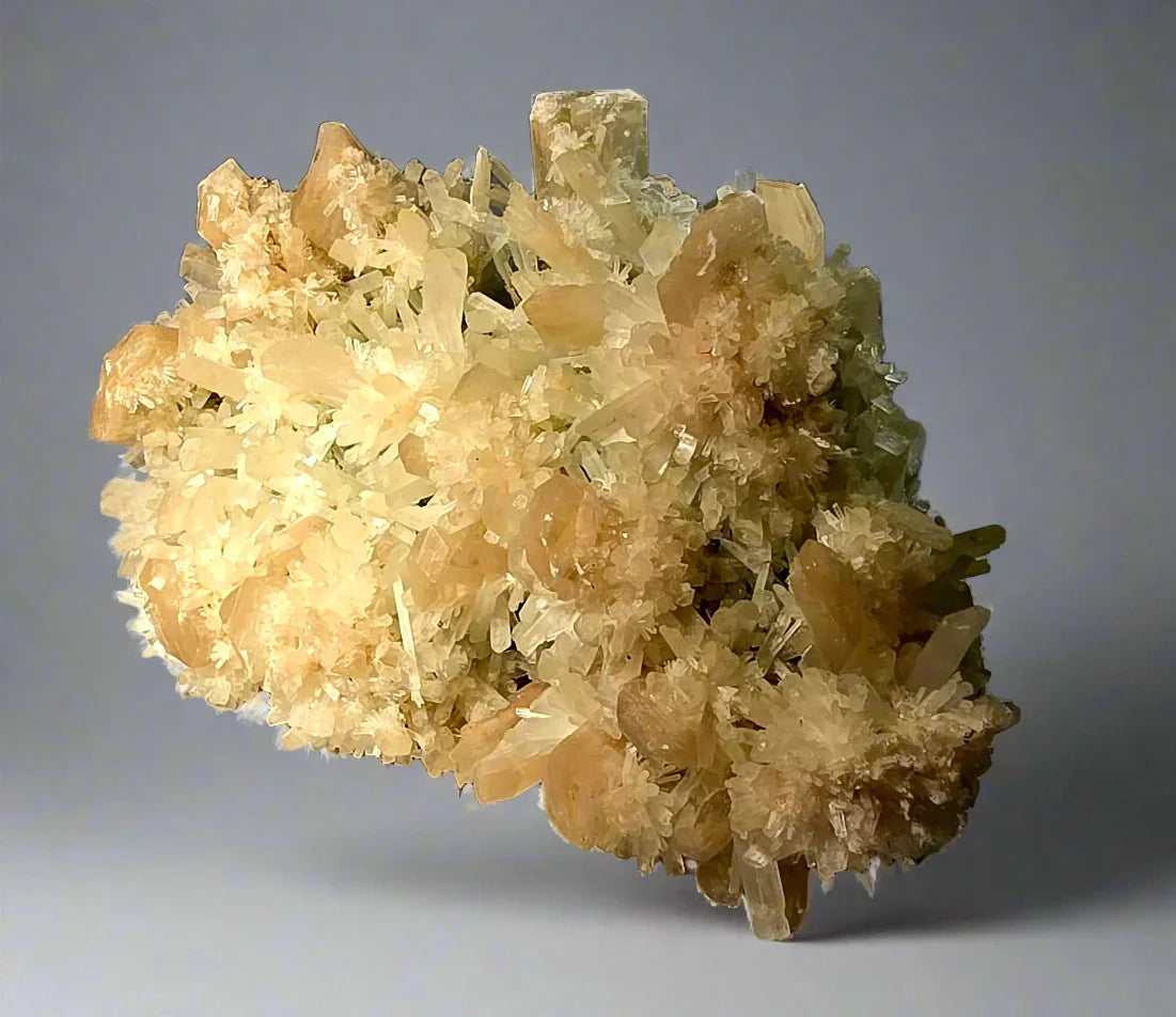Calcite crystal cluster from Elmwood Mine, Tennessee, showcasing golden-yellow terminated crystals on matrix