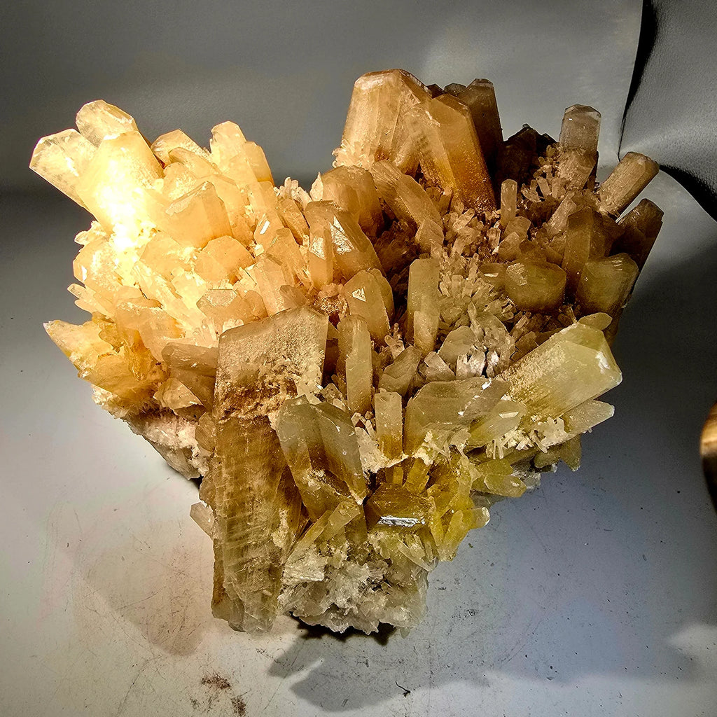 Golden Calcite Crystal Cluster from Morocco, vibrant yellow mineral specimen with sharp terminations