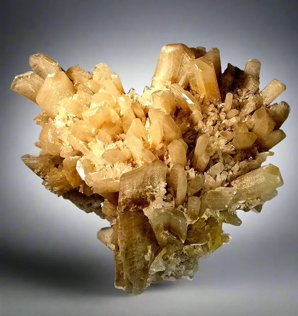 Golden Calcite Crystal Cluster from Morocco, mineral specimen with sharp terminations and earthy matrix