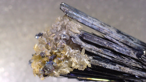 Apatite with Calcite, Morocco - striking blue-grey prismatic crystals and translucent yellow calcite clusters