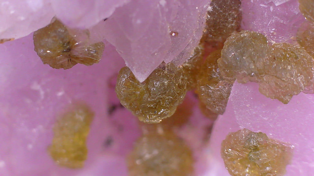Pink calcite with golden crystals, mineral specimen for collectors