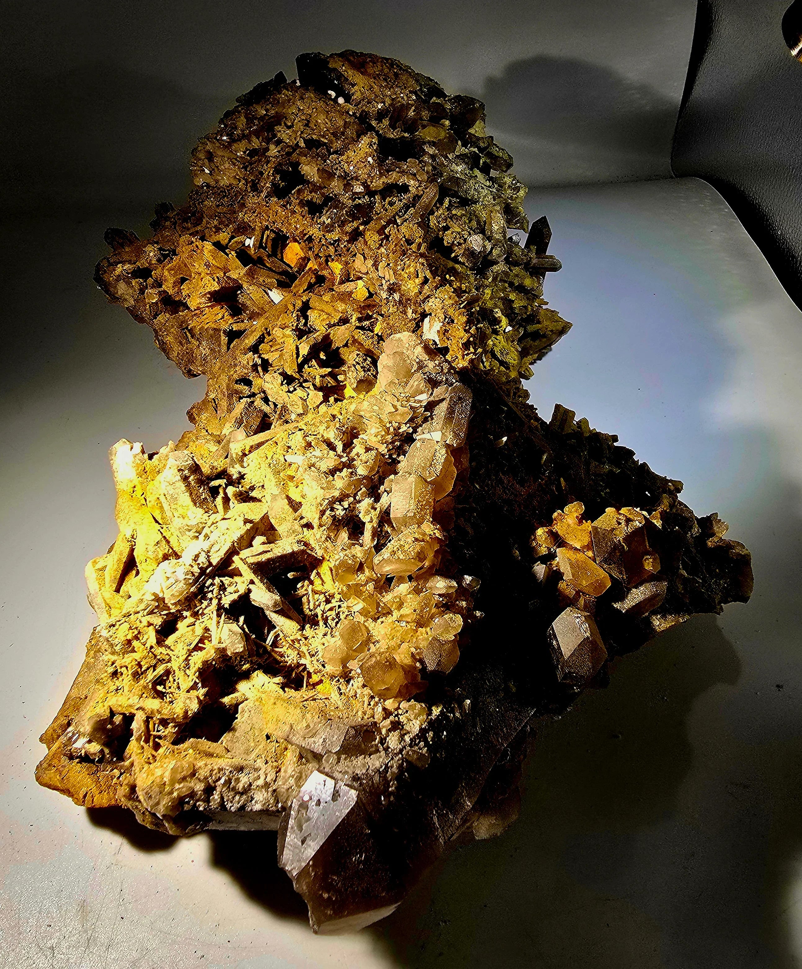 Pyrite and Quartz mineral specimen with golden crystals on matrix, collector-grade geological display