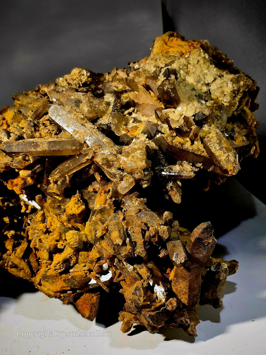 Quartz crystal cluster with golden matrix, mineral specimen for collectors