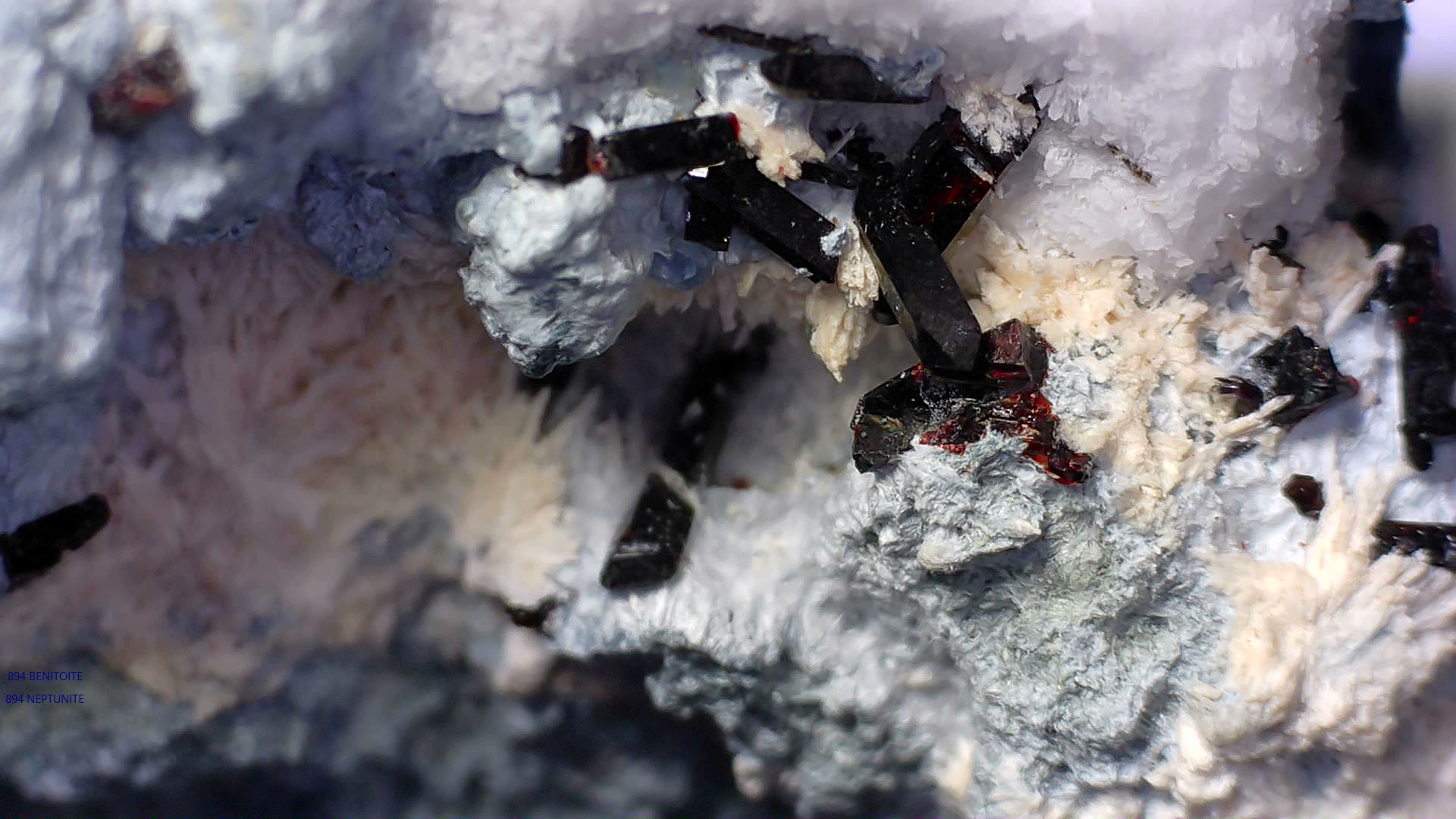 BENITOITE with NEPTUNITE, JOAQUINTE on NATROLITE and SERPENTINE