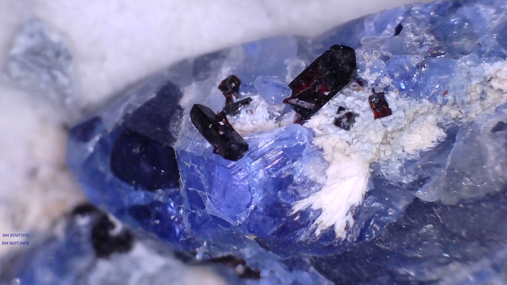 BENITOITE with NEPTUNITE, JOAQUINTE on NATROLITE and SERPENTINE