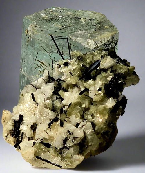 Fluorite with Apatite and Tourmaline from China, green cube mineral specimen with black needles