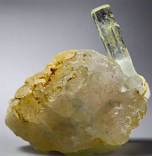 Beryl crystal from Pakistan, translucent yellow-green mineral specimen on matrix