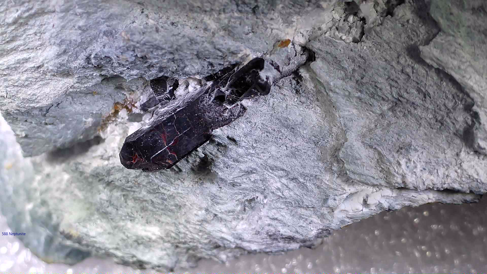 NEPTUNITE, JOAQUINITE, JONESITE (?) ON NATROLITE with SERPENTINE (small cabinet)