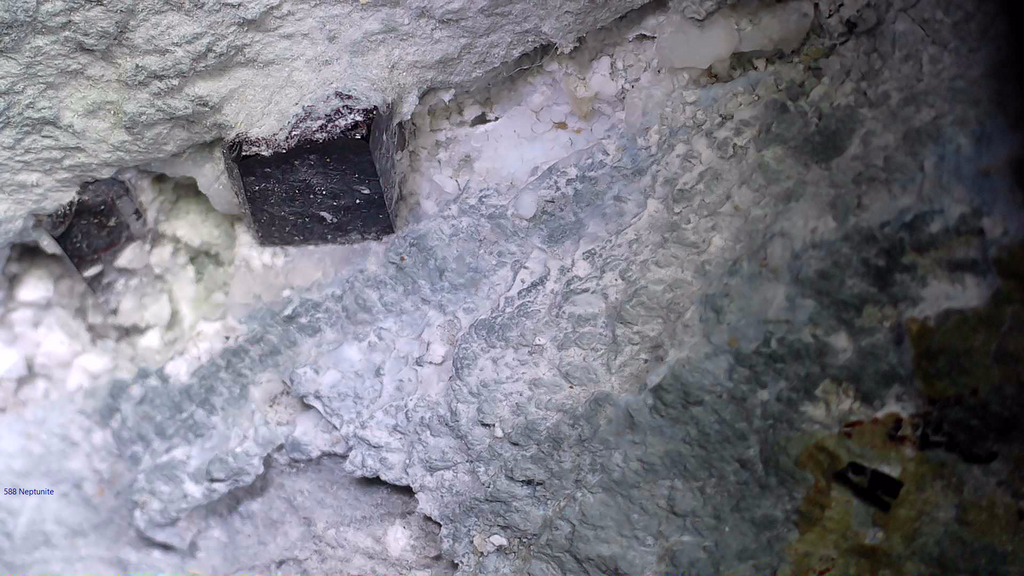 NEPTUNITE, JOAQUINITE, JONESITE (?) ON NATROLITE with SERPENTINE (small cabinet)