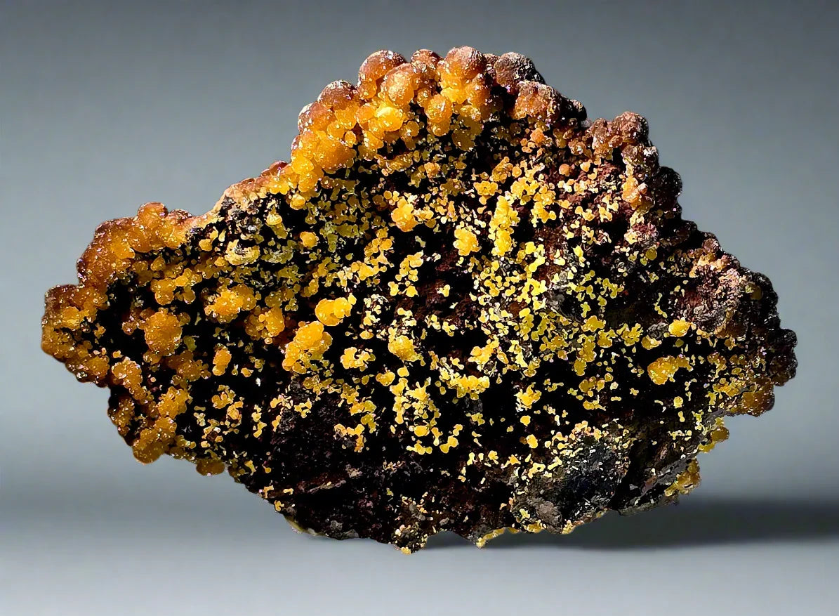 Orpiment mineral specimen with vibrant yellow crystals on dark matrix, classic locality specimen