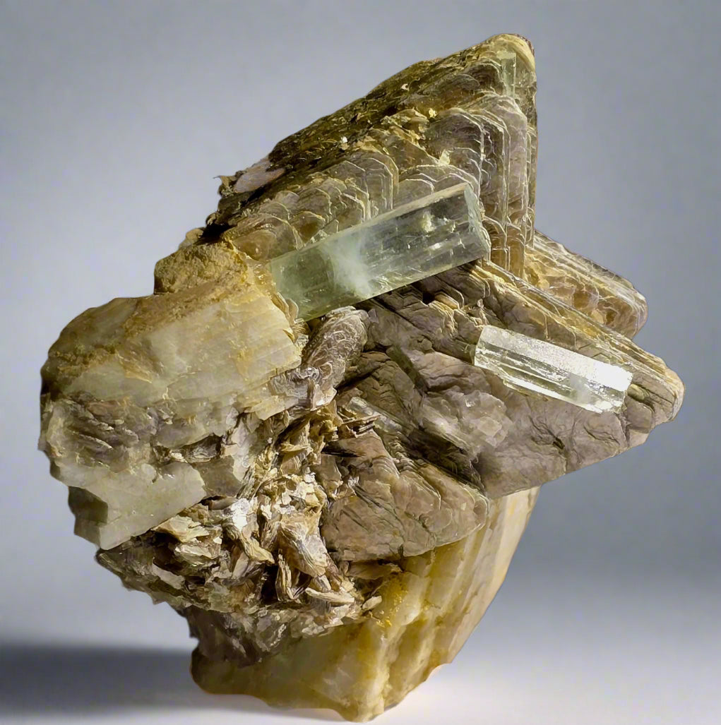 BERYL VAR AQUAMARINE ON MUSCOVITE FISHTAIL and DOLOMITE (small cabinet)