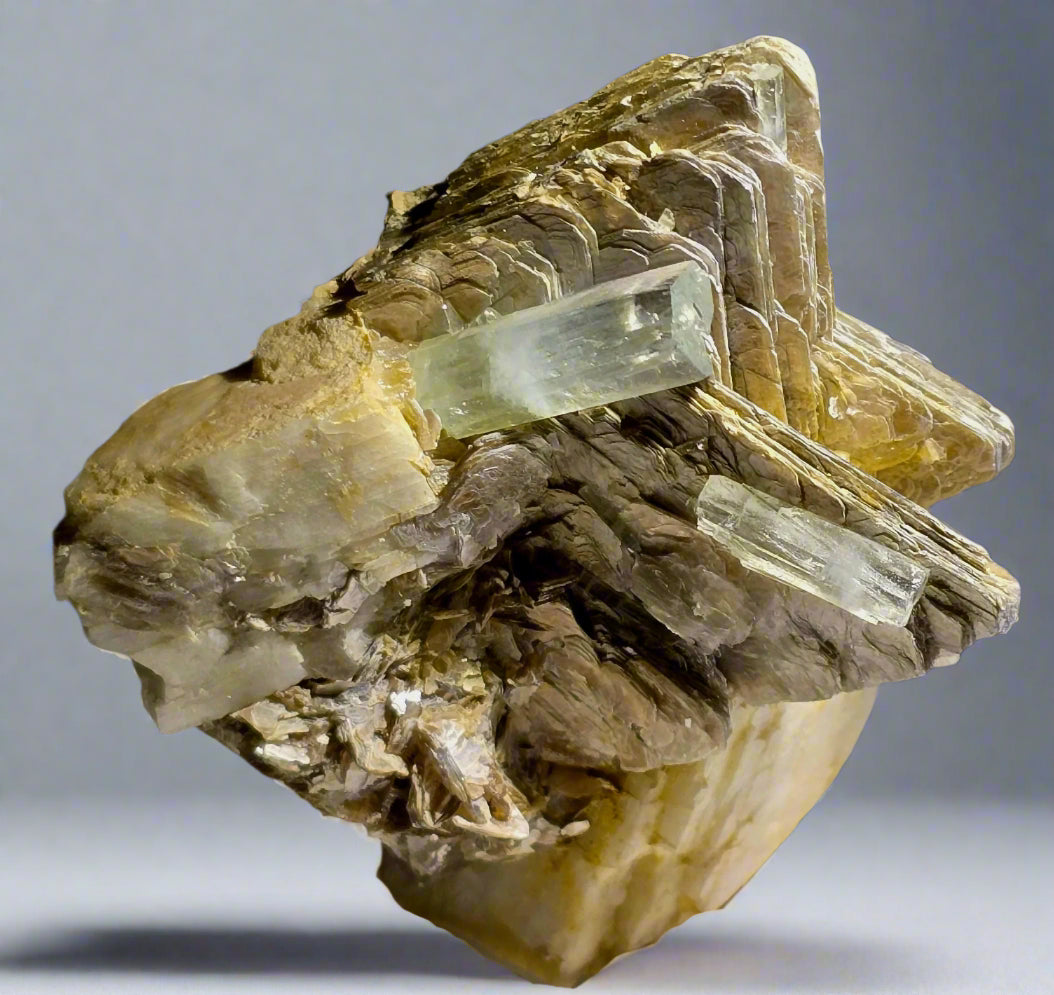BERYL VAR AQUAMARINE ON MUSCOVITE FISHTAIL and DOLOMITE (small cabinet)
