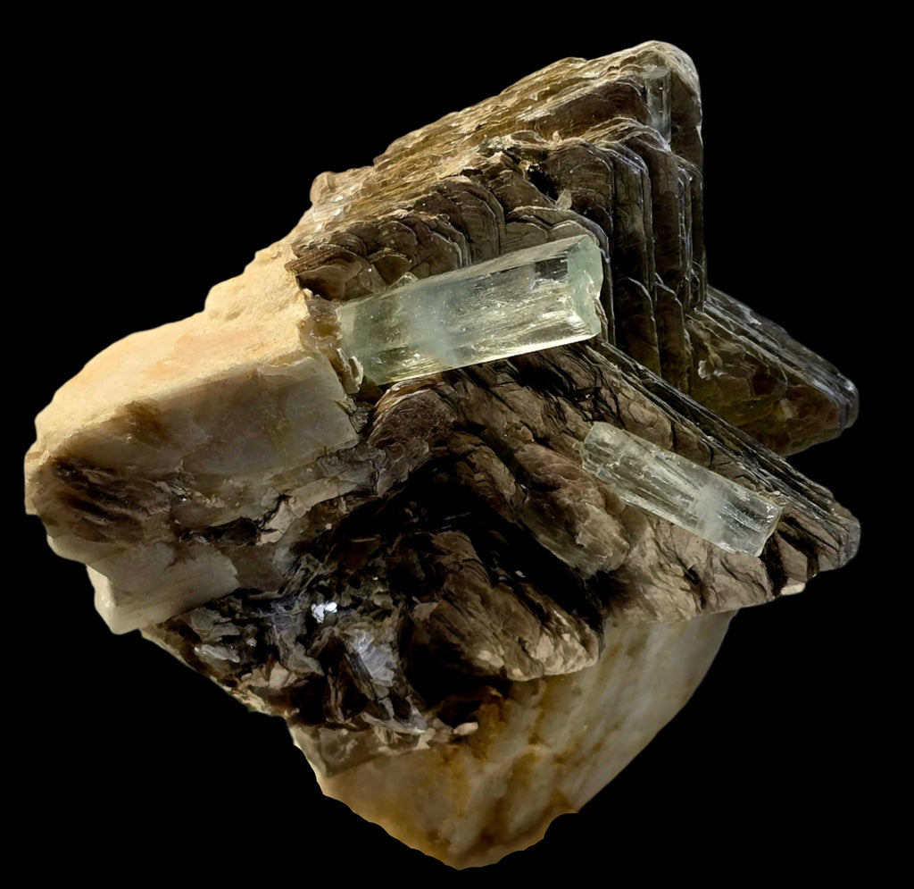 BERYL VAR AQUAMARINE ON MUSCOVITE FISHTAIL and DOLOMITE (small cabinet)