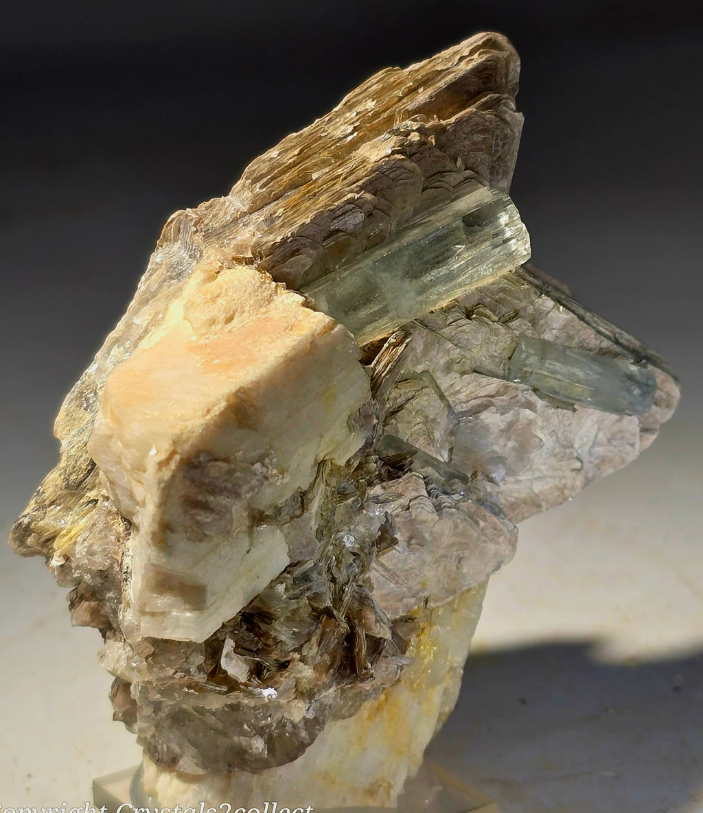 BERYL VAR AQUAMARINE ON MUSCOVITE FISHTAIL and DOLOMITE (small cabinet)