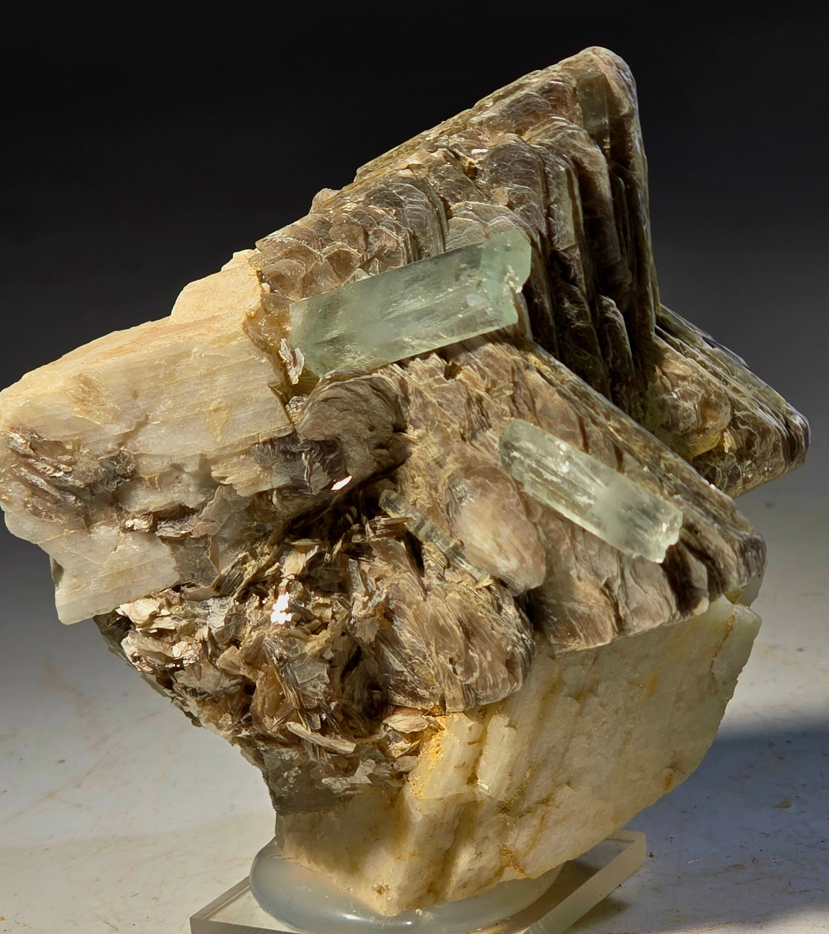 BERYL VAR AQUAMARINE ON MUSCOVITE FISHTAIL and DOLOMITE (small cabinet)
