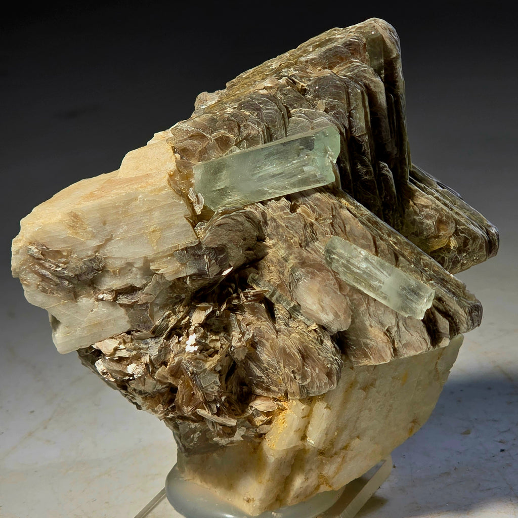 BERYL VAR AQUAMARINE ON MUSCOVITE FISHTAIL and DOLOMITE (small cabinet)