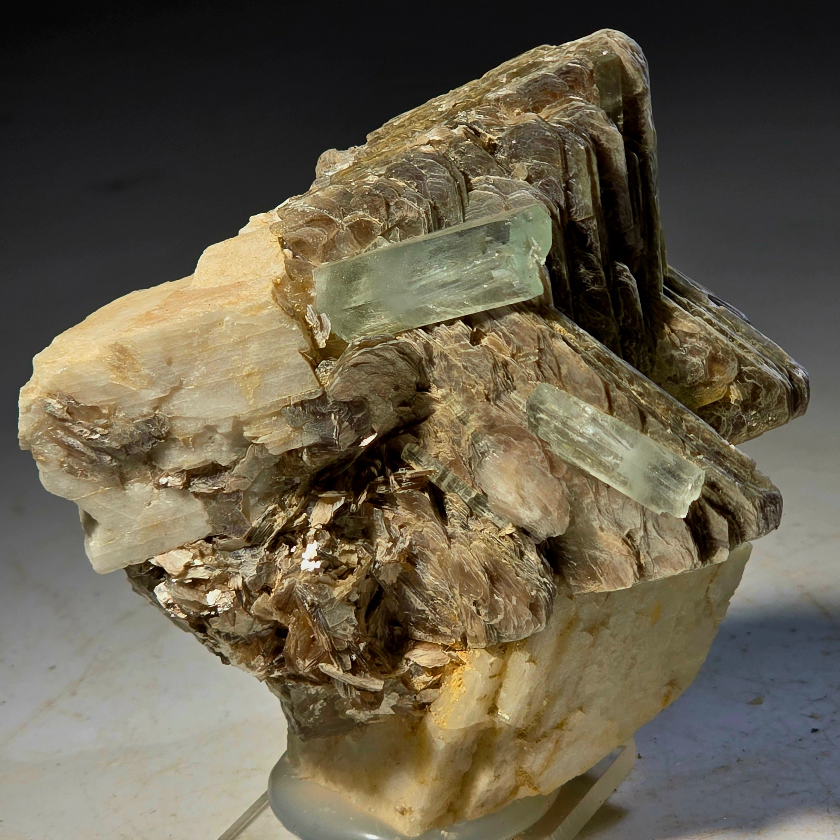 BERYL VAR AQUAMARINE ON MUSCOVITE FISHTAIL and DOLOMITE (small cabinet)