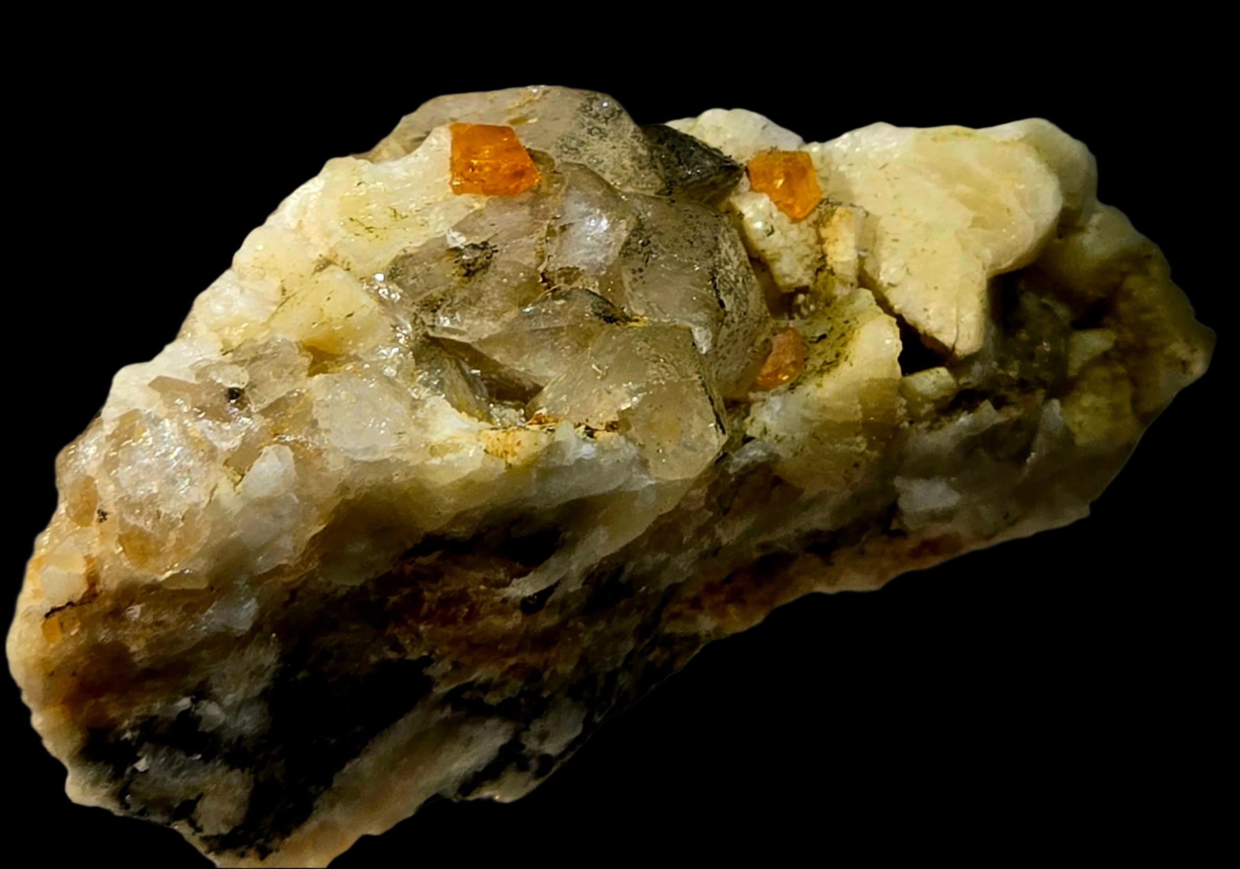 SPESSARTINE ON ALBITE and QUARTZ (miniature)