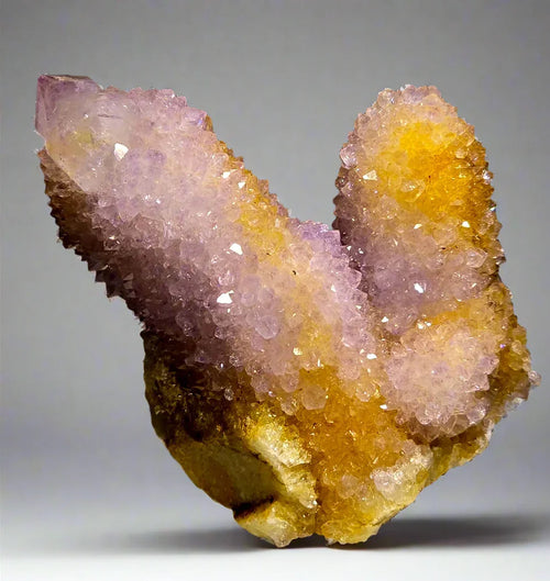 Amethyst and citrine crystal cluster from Brazil, showcasing purple to yellow zoning and natural druse formation