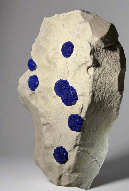 Azurite on Limestone specimen, vibrant blue clusters on light matrix, mineral collector display
