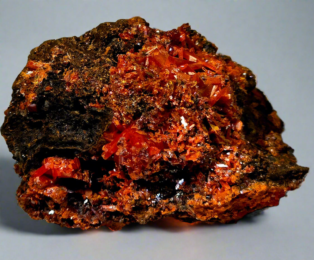 Mineral sample with red and black colors on a beige background
