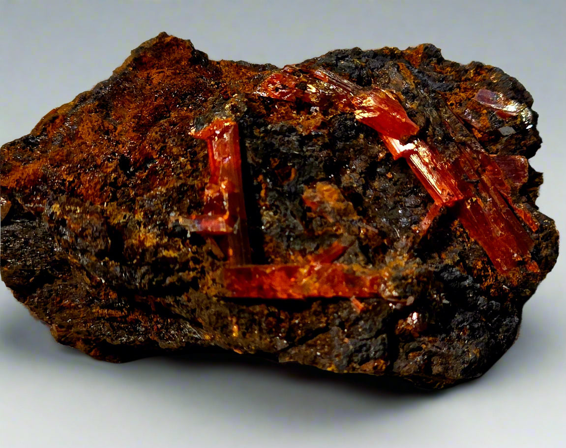 Mineral sample with red crystals on a beige background