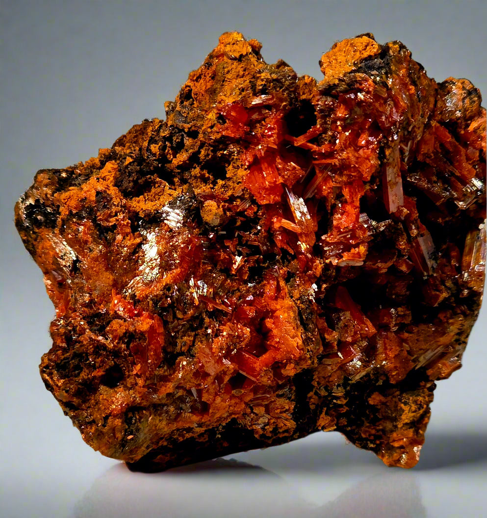 Mineral sample with orange and brown hues on a neutral background