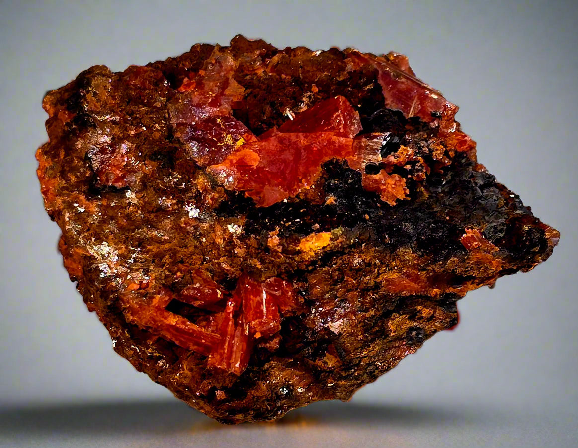 Mineral sample with red and brown colors on a textured surface