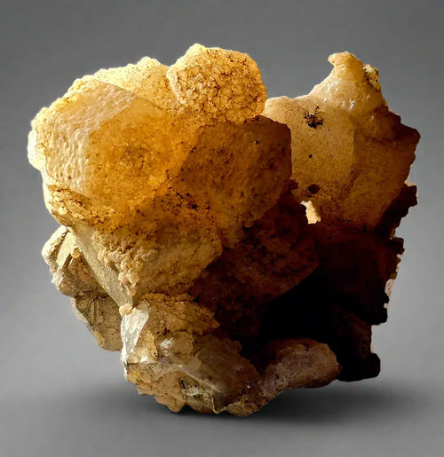 Calcite crystal cluster from Elmwood Mine, Tennessee, showcasing golden-yellow translucent formations on matrix