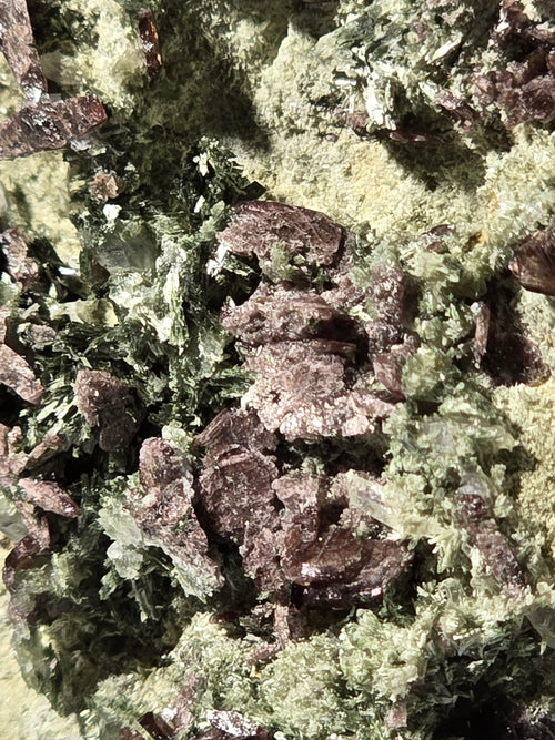 Eudialyte crystals with green matrix, mineral specimen for collectors