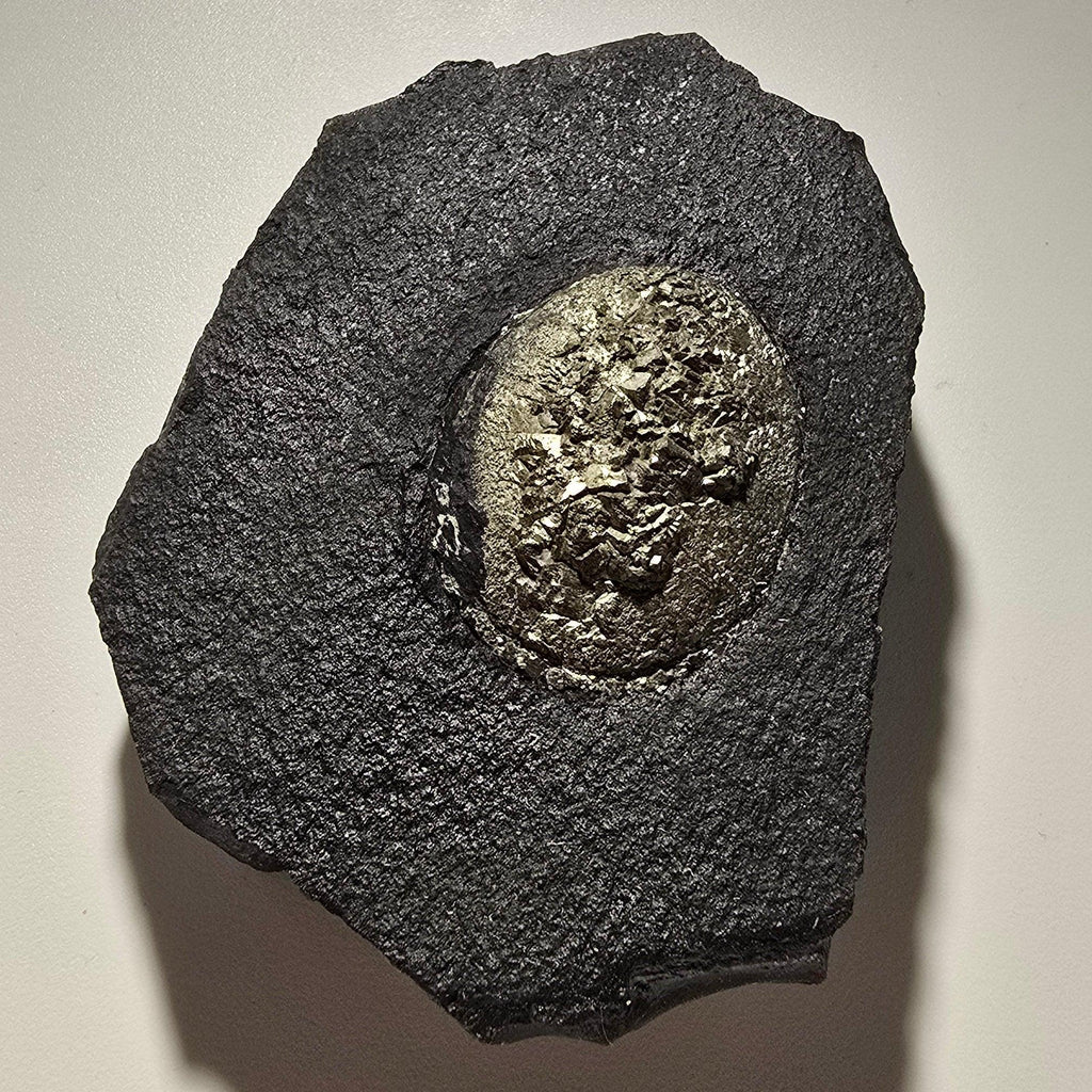 Pyrite in matrix, metallic gold crystals on dark rock, mineral specimen for collectors