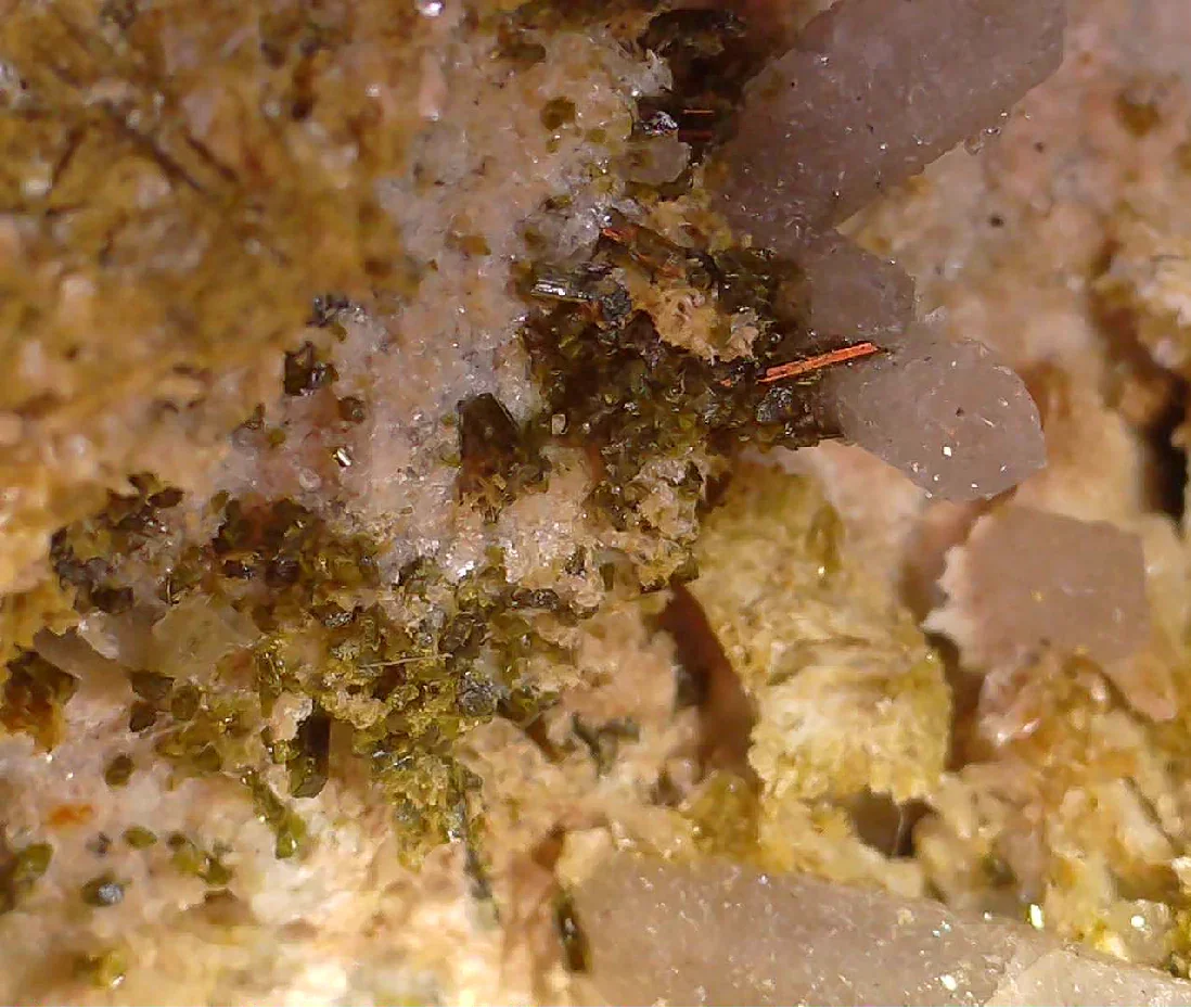 Cuprite crystals with malachite matrix from Tsumeb, Namibia - mineral specimen