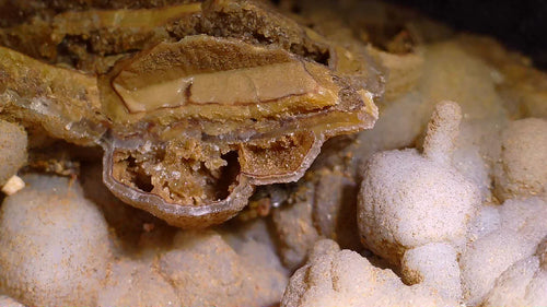 Calcite on Dolomite, Morocco - layered earthy mineral specimen with crystalline textures