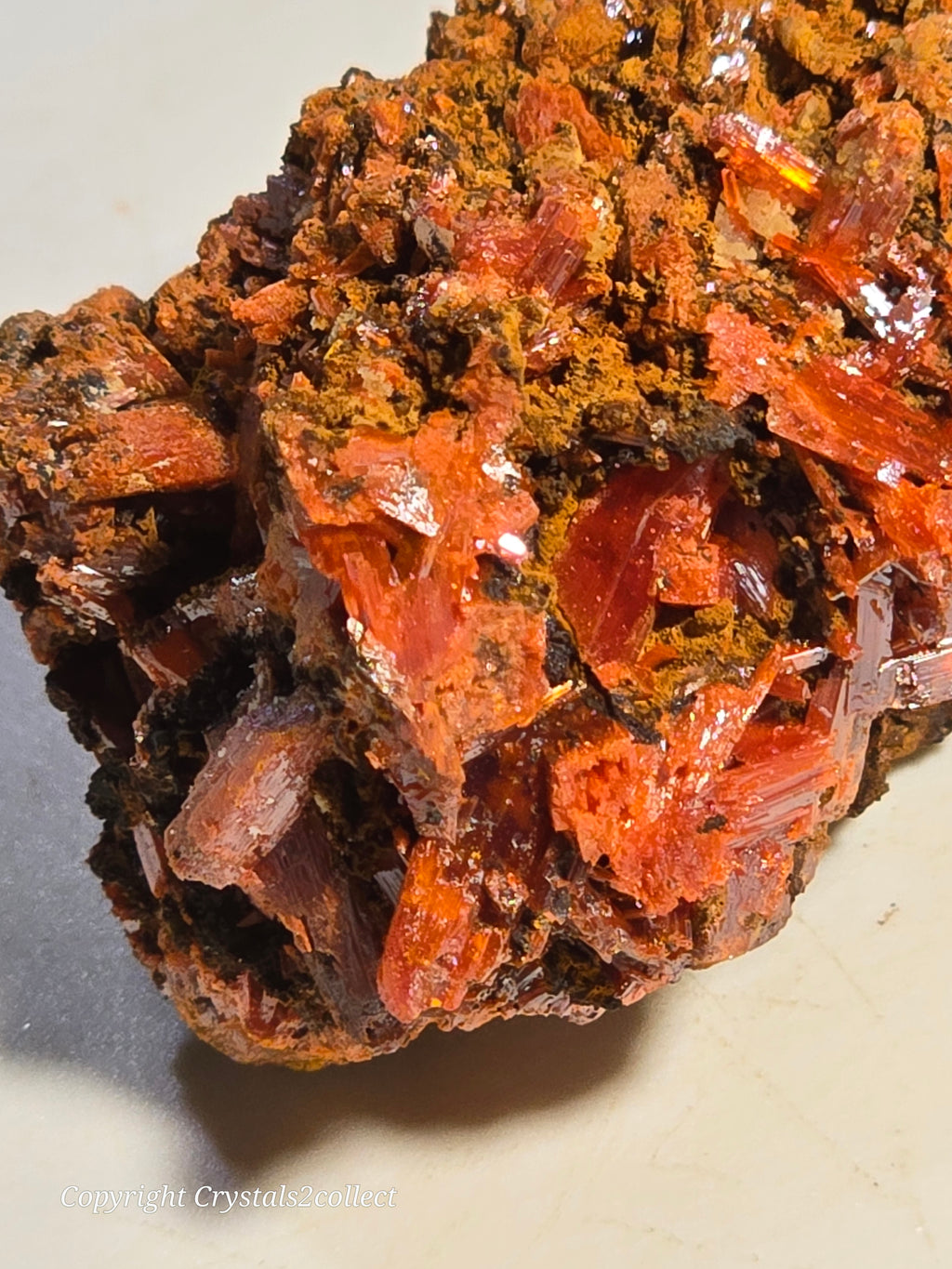 CROCOITE (MINIATURE),  RED LEAD MINE, TASMANIA