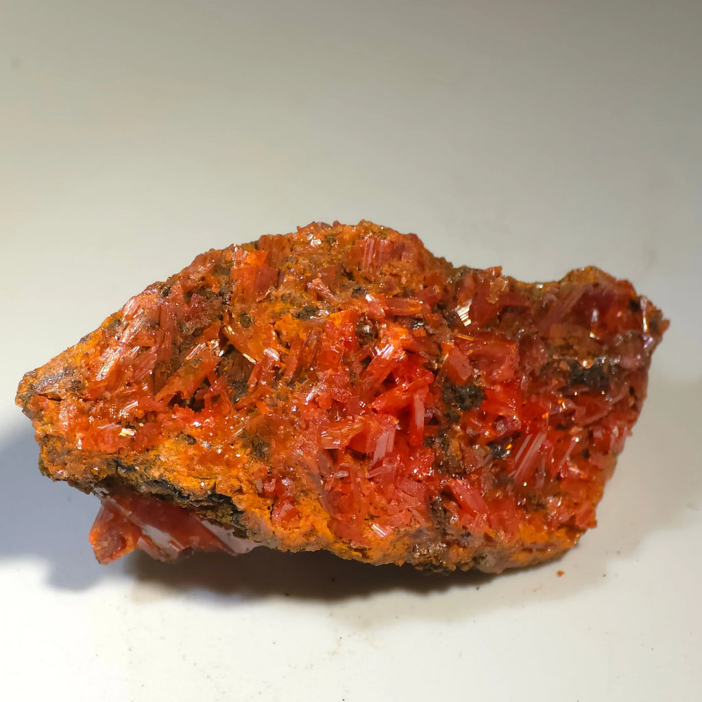 Crocoidite mineral specimen with vibrant red-orange crystals on matrix, classic locality specimen for collectors